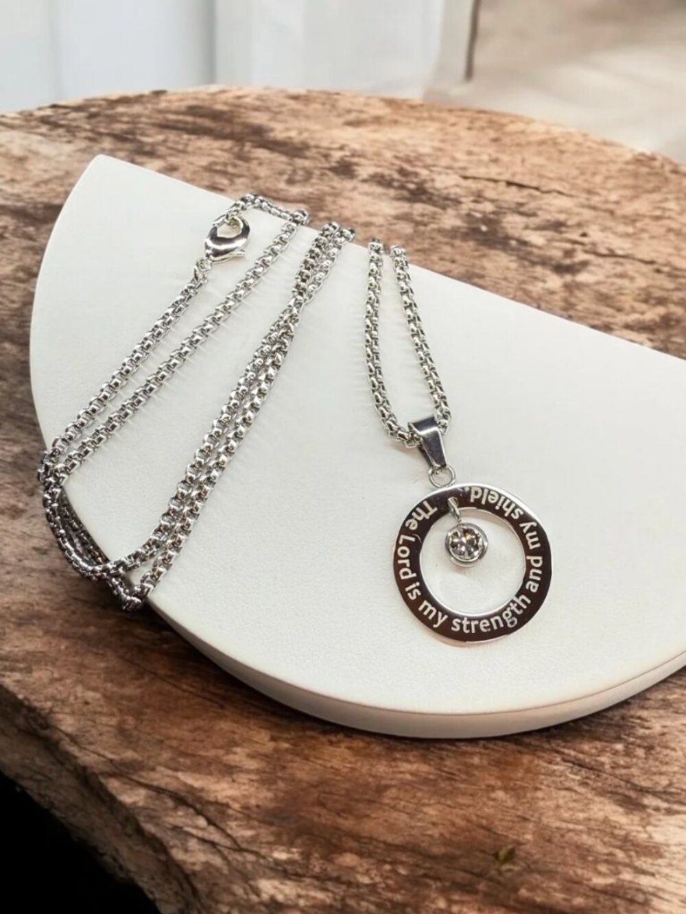 The Lord Is My Strength And My Shield Circle Necklace W/ Cubic Zirconia